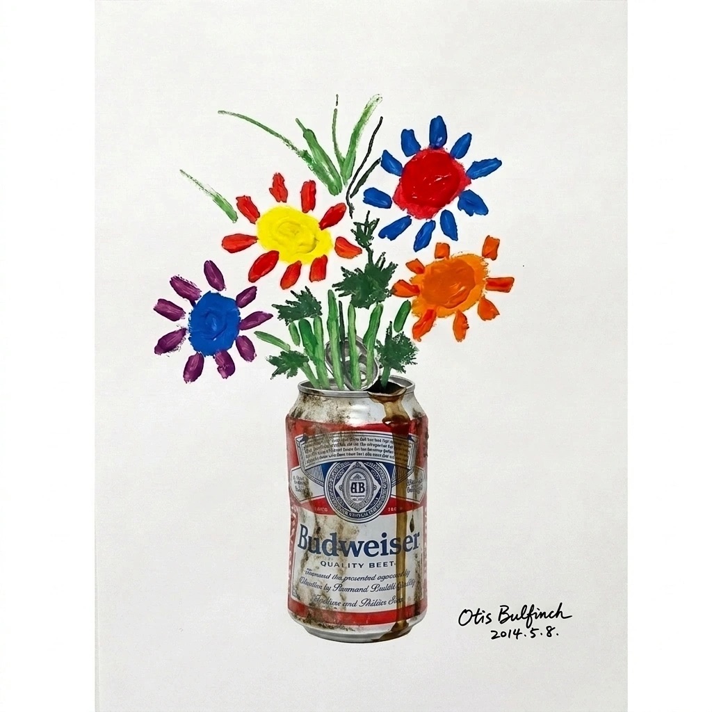 A finger-painted bouquet of bright flowers sprouting from a battered Budweiser can, signed Otis Bulfinch