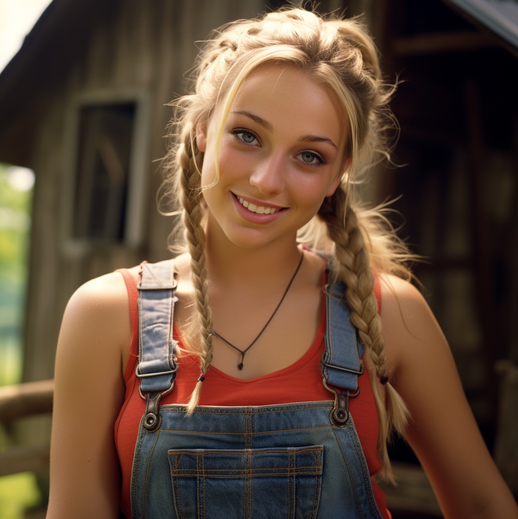 A smiling young woman with blonde braids, wearing overalls, in front of a weathered barn