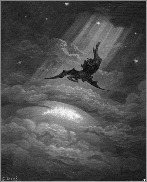 A Gustave Doré engraving of bat-winged Satan diving through starlit clouds toward the glowing Earth