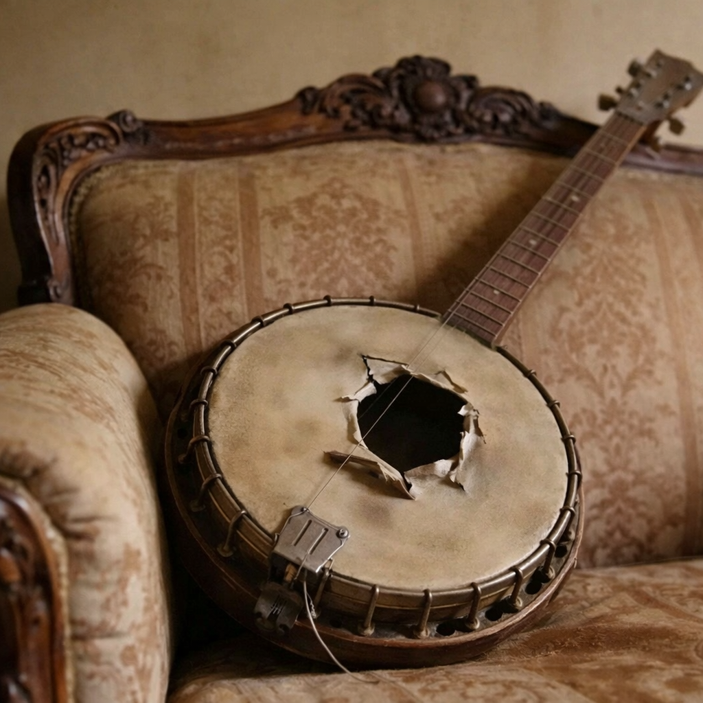 An old banjo with a torn drumhead leaning against a Victorian velvet sofa