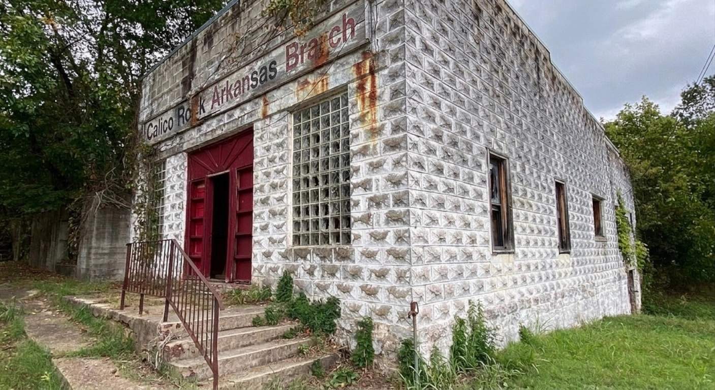 A weathered stone-block building with a red door, glass-block window and overgrown steps