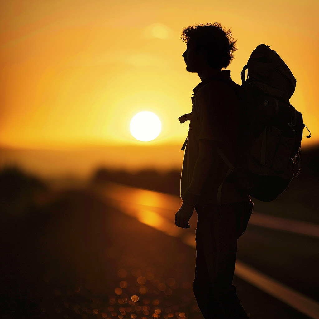 Boy with guitar on road