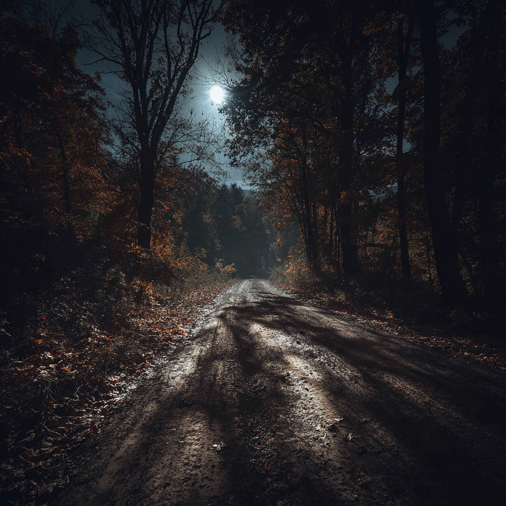 Dark forest road at night in Kentucky hills