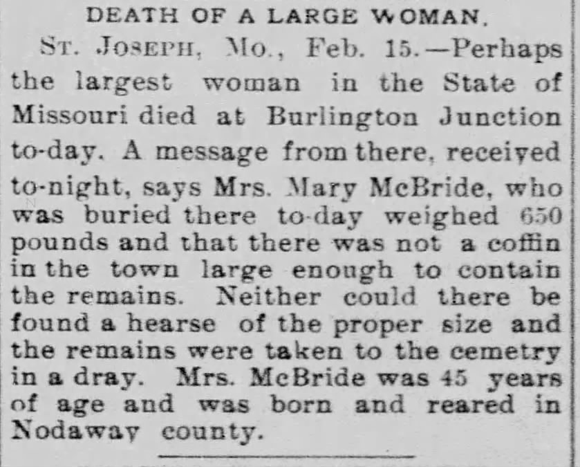 Newspaper clipping about the death of a large woman