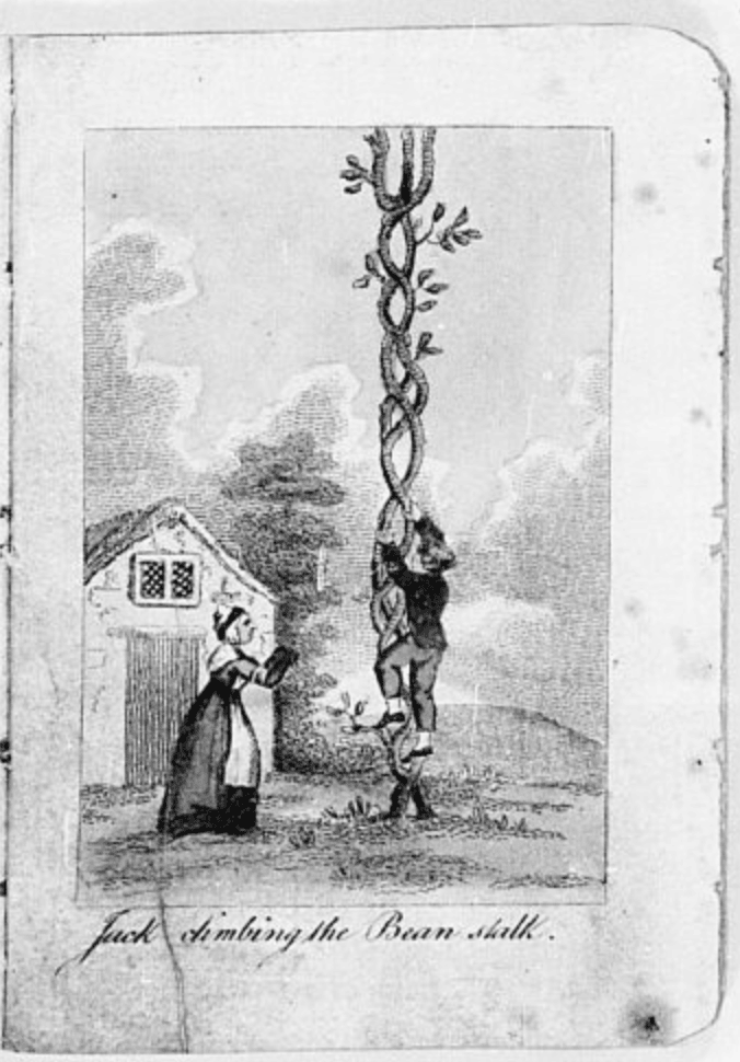 Engraving of Jack climbing the twisted bean-stalk while his mother, in bonnet and apron, pleads with him from beside their cottage