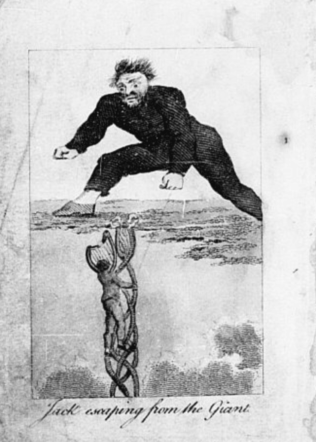 Engraved frontispiece: a wild-haired Giant in a dark coat lunges across the top of the bean-stalk while Jack, the harp on his back, climbs down below him