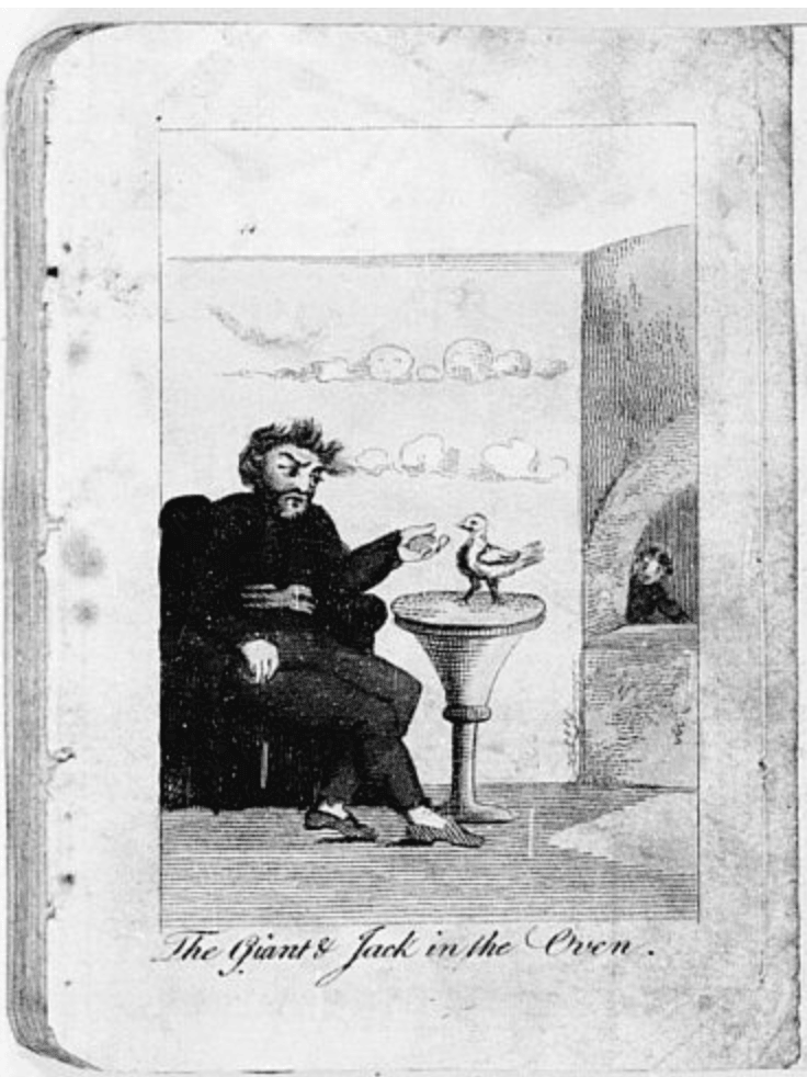 Engraving of the Giant seated beside a small round table holding his hen, while Jack peers out from an oven built into the wall
