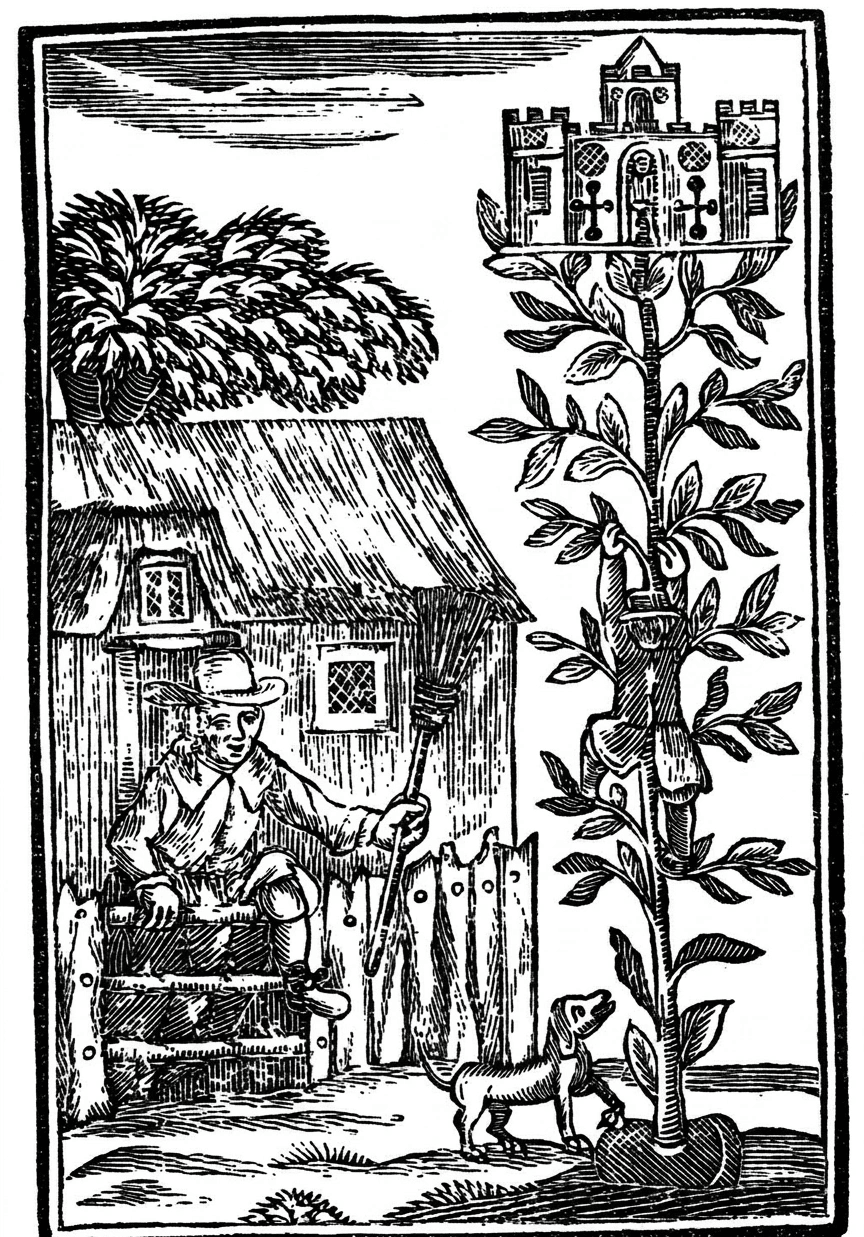 Eighteenth-century woodcut: Jack's grandmother sits on a stile before a thatched cottage, holding a broom, while Jack climbs a tall beanstalk topped by a castle and a dog looks up from its foot.
