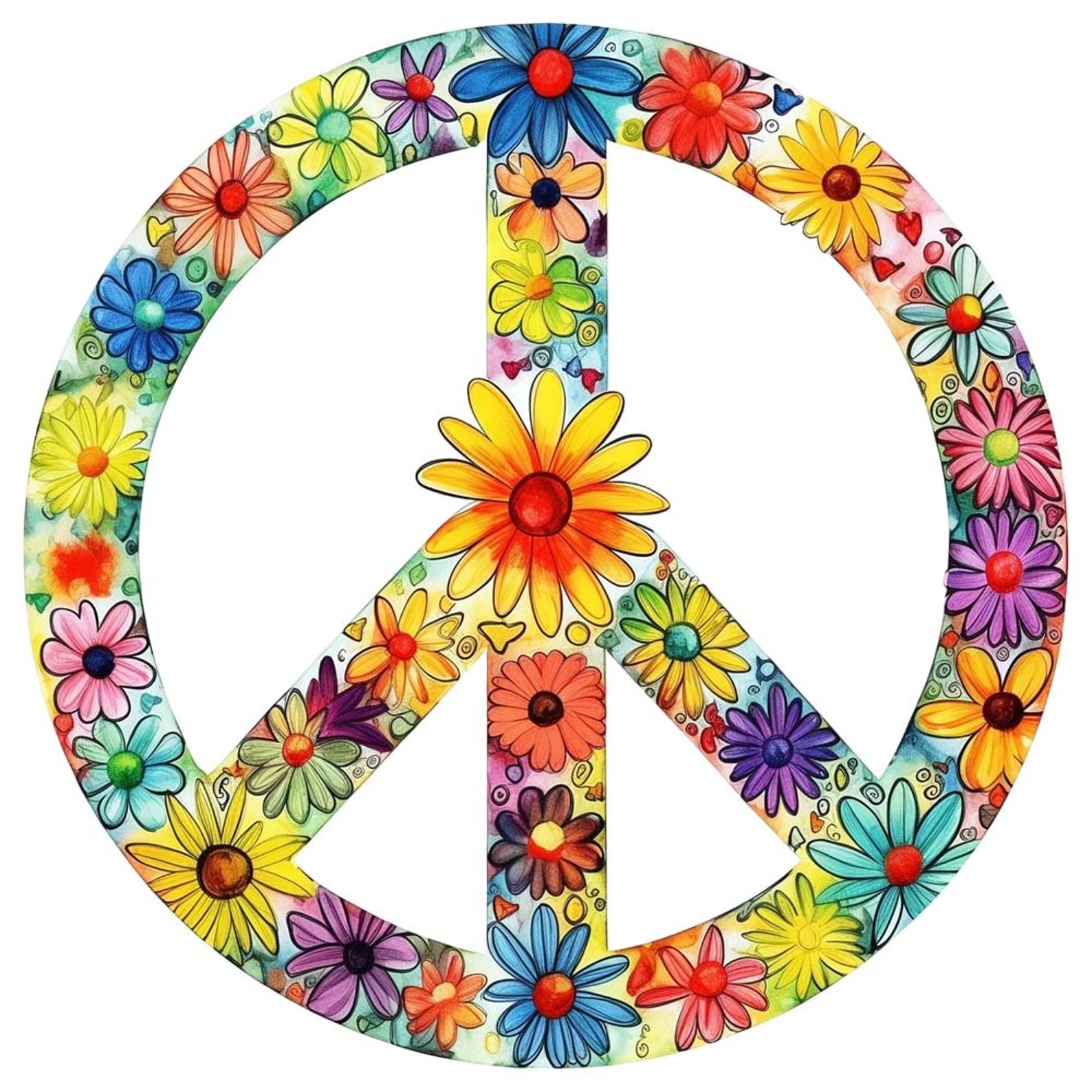 A peace symbol filled with brightly colored hand-drawn flowers