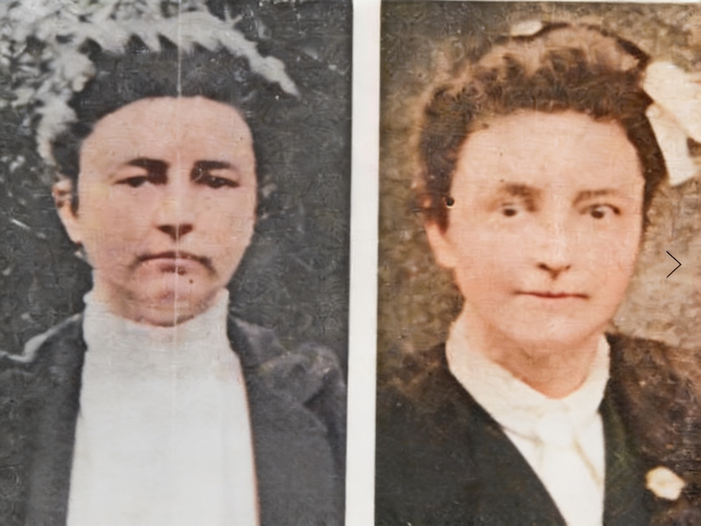 Two colorized vintage portrait photographs of women in dark jackets and white high-collared blouses