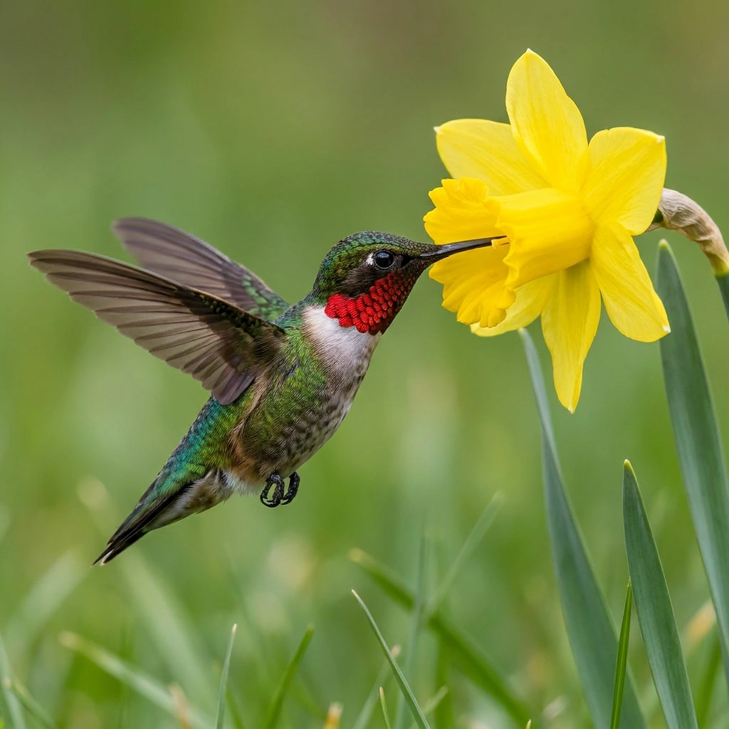 A hummingbird among jonquils