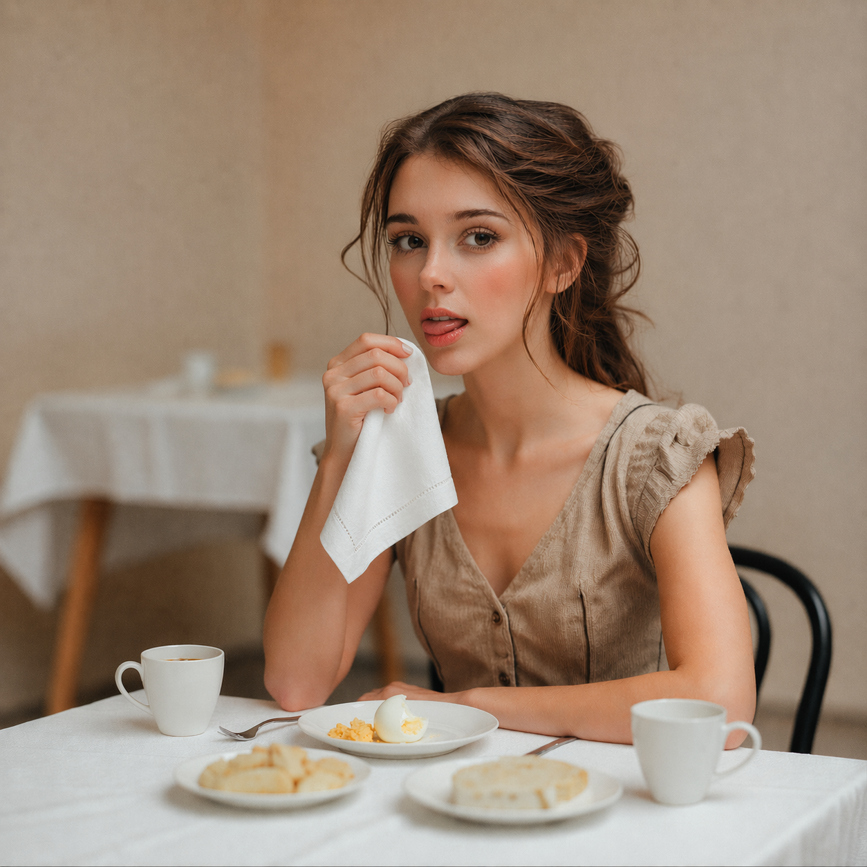 Maggie Swan at the breakfast table in the Thompson house