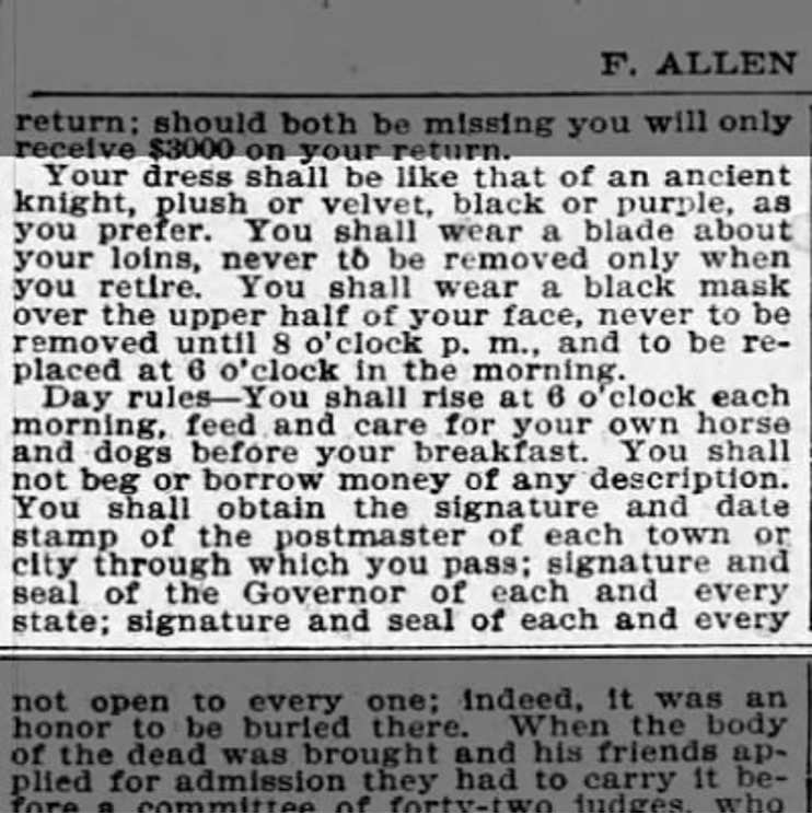 Newspaper clipping detailing the terms of the Purple Knight's oath and quest