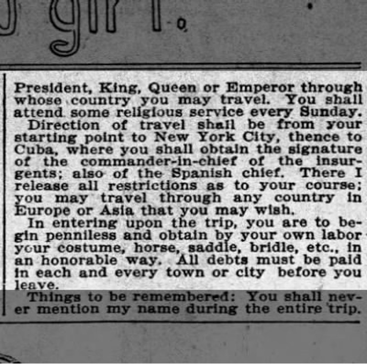 Newspaper clipping describing the travel route and requirements of the quest