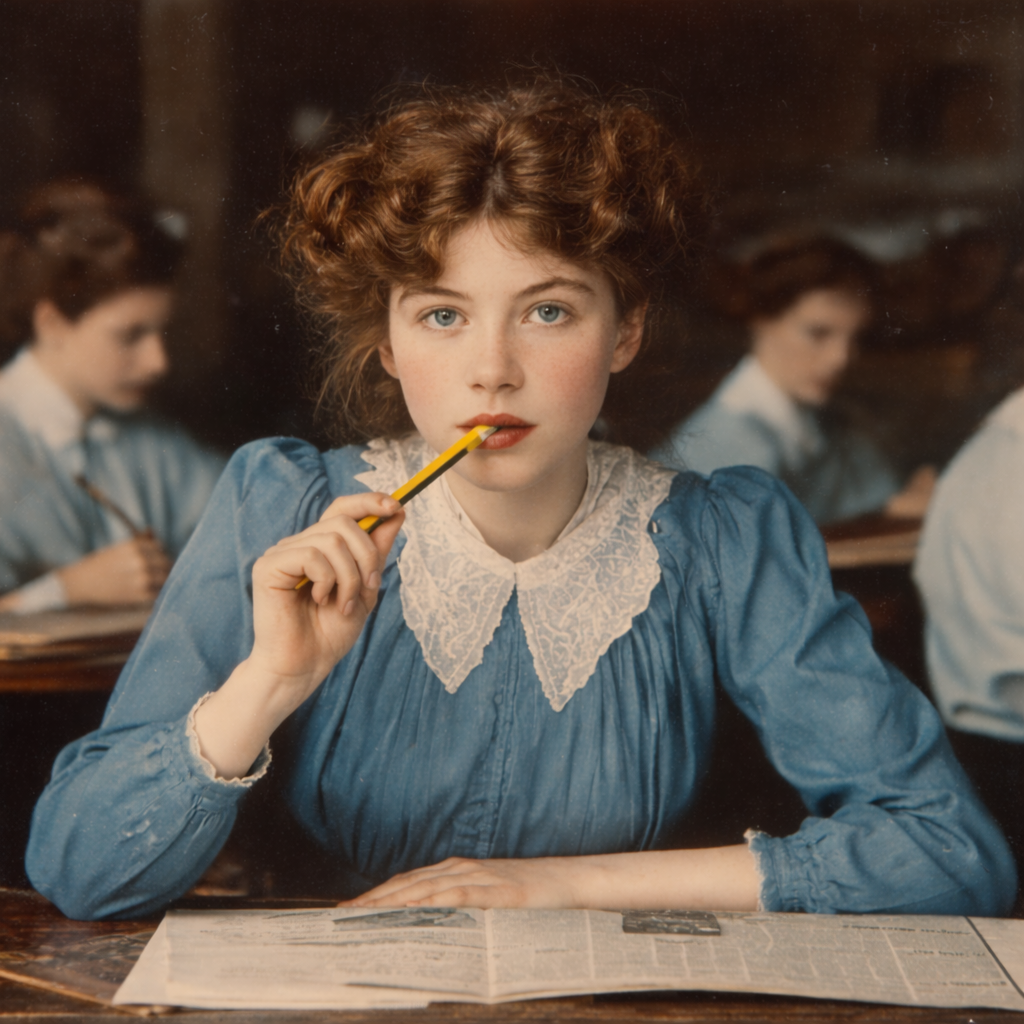 Illustration from The Springfield Leader for Chapter Six: a young woman at her desk in the newspaper office