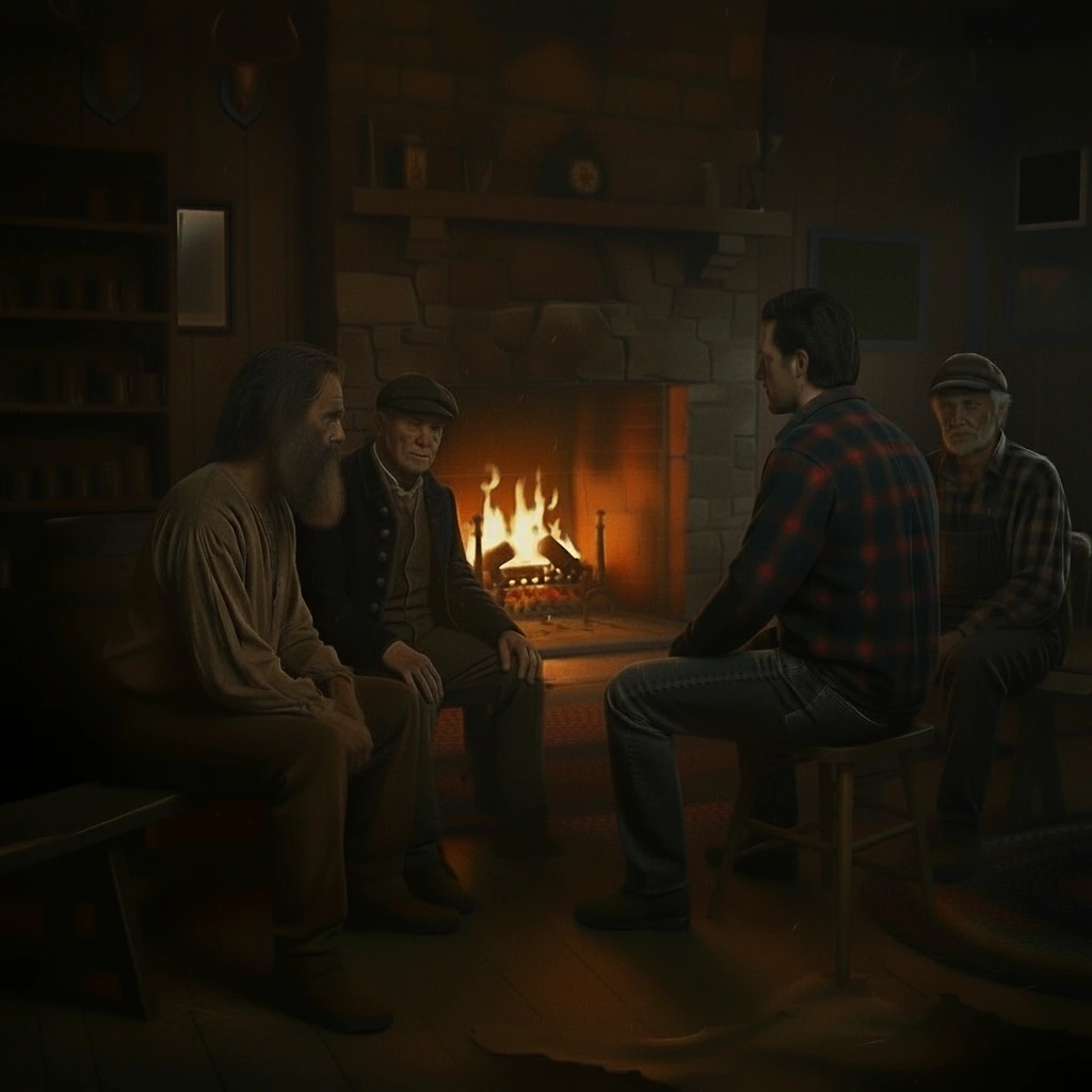 Mack and travelers gathered around the fire at the Broadmoor House inn