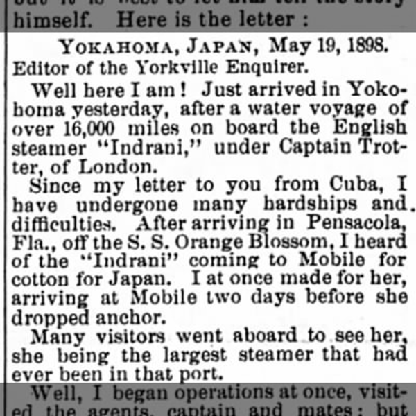 Newspaper clipping about the Indrani and Cuba