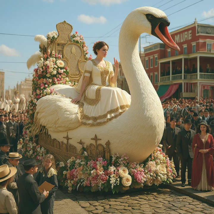 The Rape of Leda float with Zeus as a swan