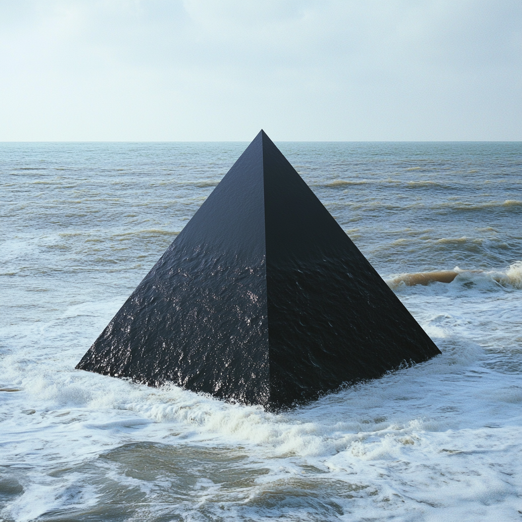 A black pyramid rising from the ocean