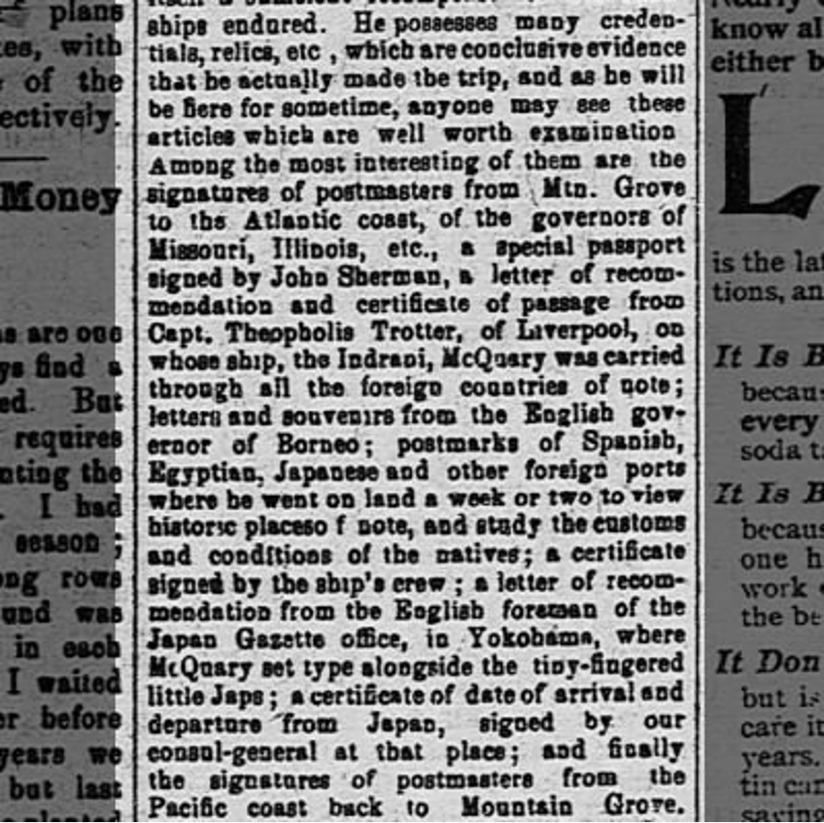 Clipping from The Watchman and the Southron, 1899