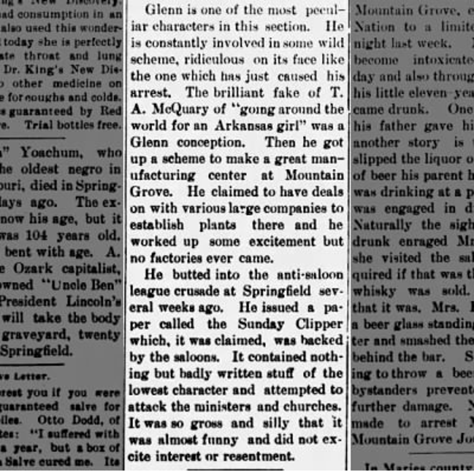 The Journal-Gazette clipping about M.S. Glenn's mail fraud conviction, West Plains, MO, 1903