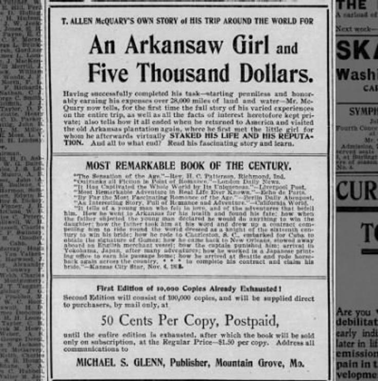 Kansas City Times advertisement for McQuary's travel book, February 4, 1899