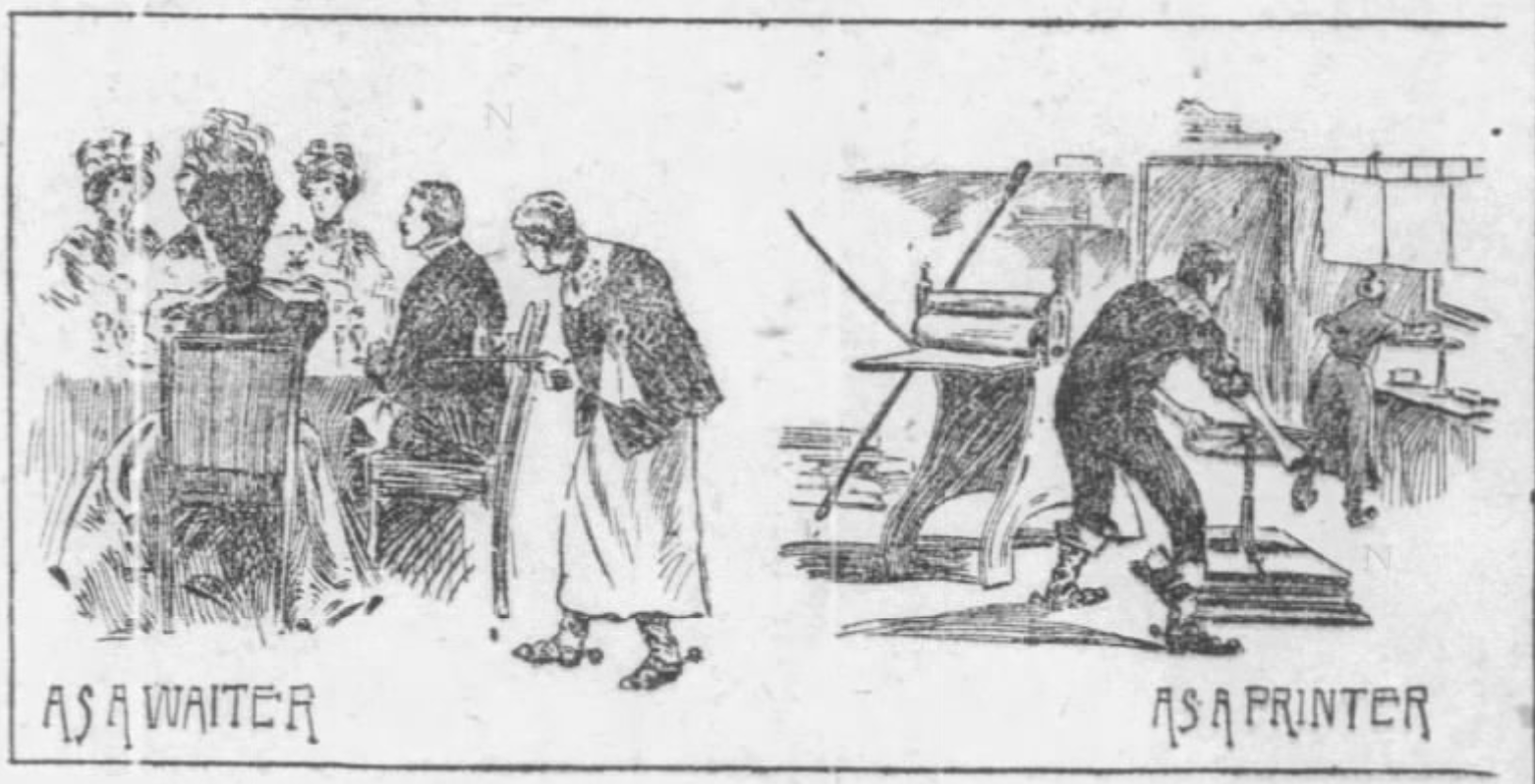 Illustration of McQuary working as a waiter, Philadelphia Inquirer, December 11, 1898