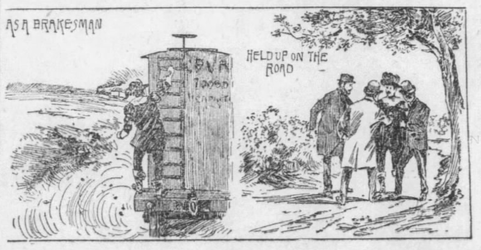 Illustration of McQuary working as a railroad brakeman, Philadelphia Inquirer, December 11, 1898
