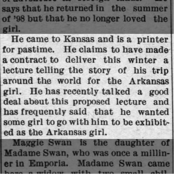 Emporia Gazette clipping relating to the Arkansas girl story and McQuary's romantic history