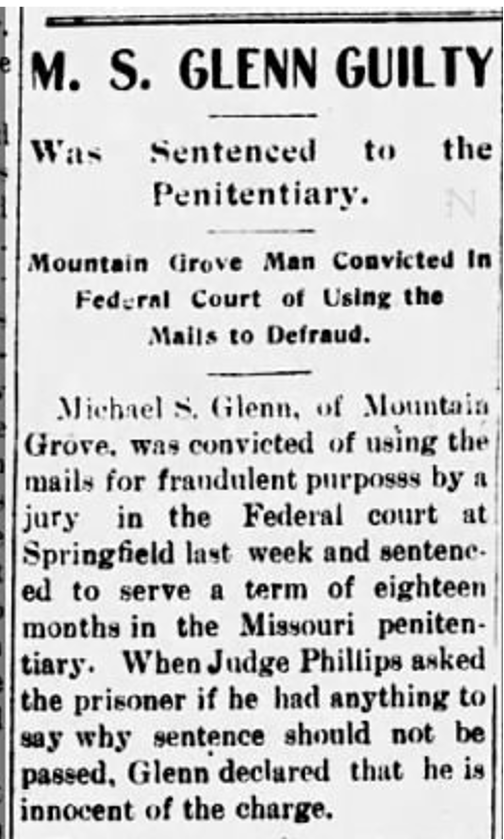 Journal-Gazette clipping on M.S. Glenn's conviction, October 1904