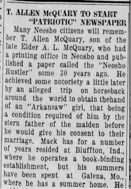 Neosho Miner-Mechanic clipping on McQuary's plans for a patriotic newspaper, April 1932
