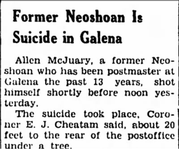 Neosho Daily News clipping on McQuary's suicide, July 1948