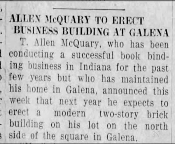 Neosho Miner-Mechanic clipping on McQuary's plans to erect a business building in Galena, December 1930