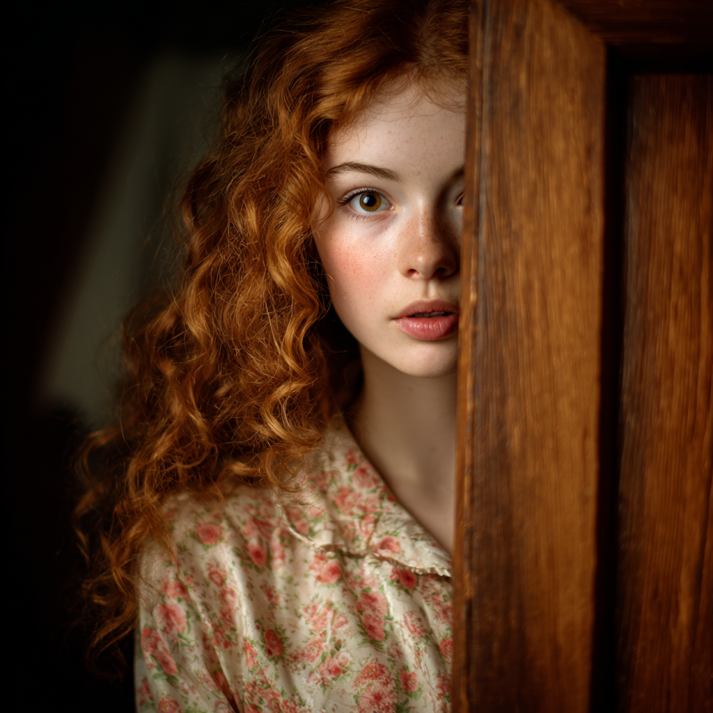 A girl of perhaps fifteen peering around the door