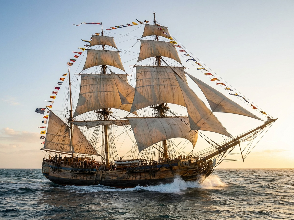 A long-forgotten ship, sails popping in the wind, white gulls crying from a distant shore