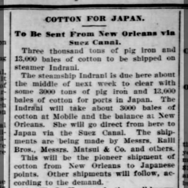 Newspaper article about the Indrani bound for Japan