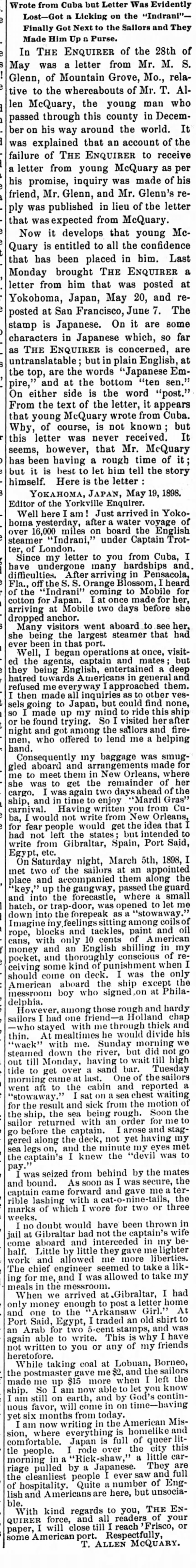 Yorkville Enquirer article about McQuary's stowaway story