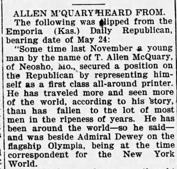 Newspaper article about McQuary's Dewey claim