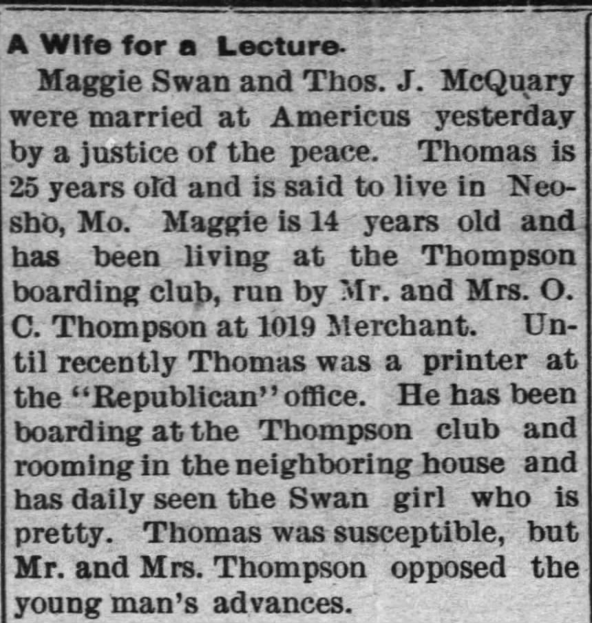 Newspaper article about McQuary's marriage to Maggie