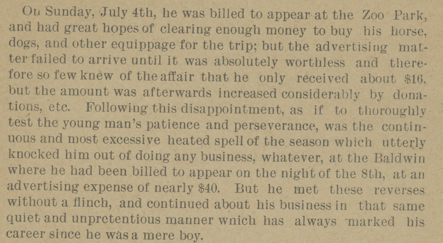 Newspaper account of the Baldwin Theater event troubles