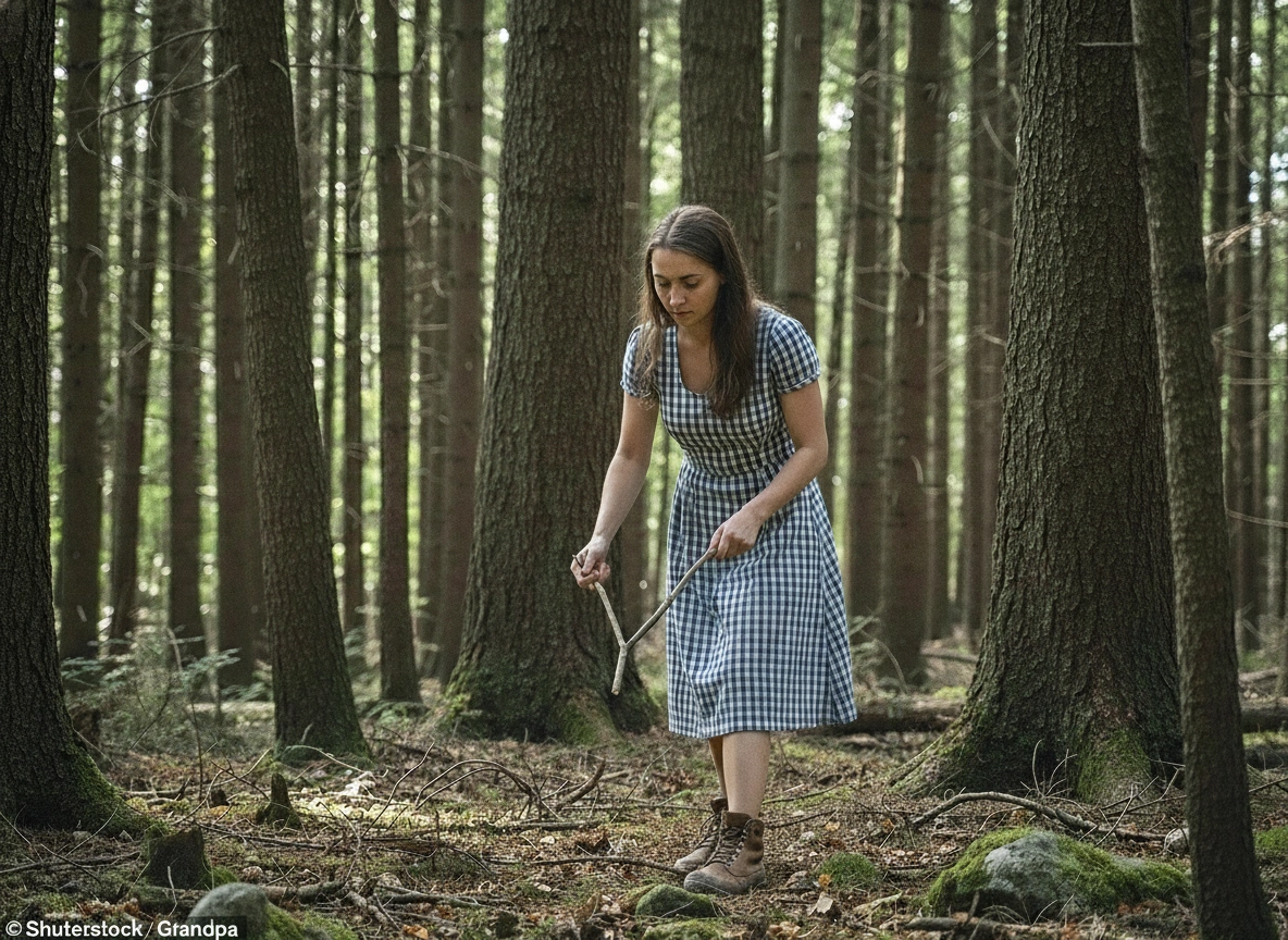 Woman using a divining rod for water witching