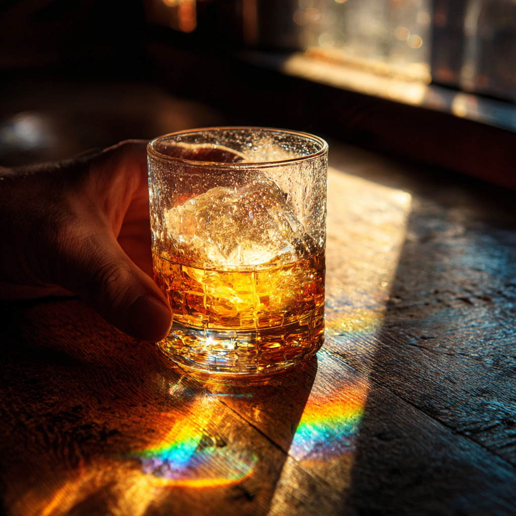 A whiskey glass with ice